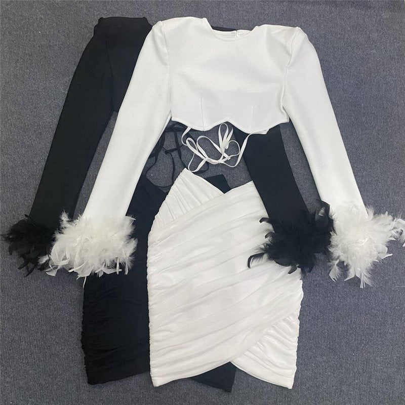 White Feather Sleeve Cutout Crop Top & Skirt Set H5813