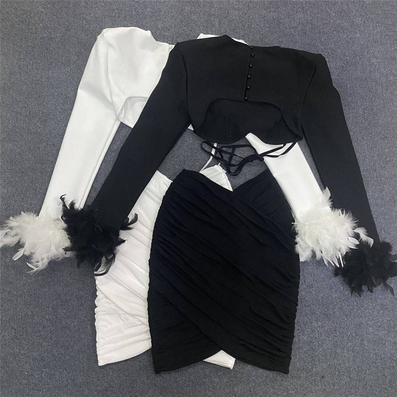 White Feather Sleeve Cutout Crop Top & Skirt Set H5813