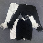 White Feather Sleeve Cutout Crop Top & Skirt Set H5813