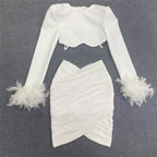 White Feather Sleeve Cutout Crop Top & Skirt Set H5813