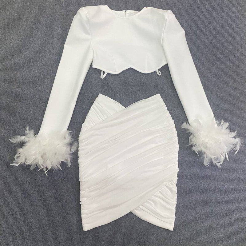 White Feather Sleeve Cutout Crop Top & Skirt Set H5813