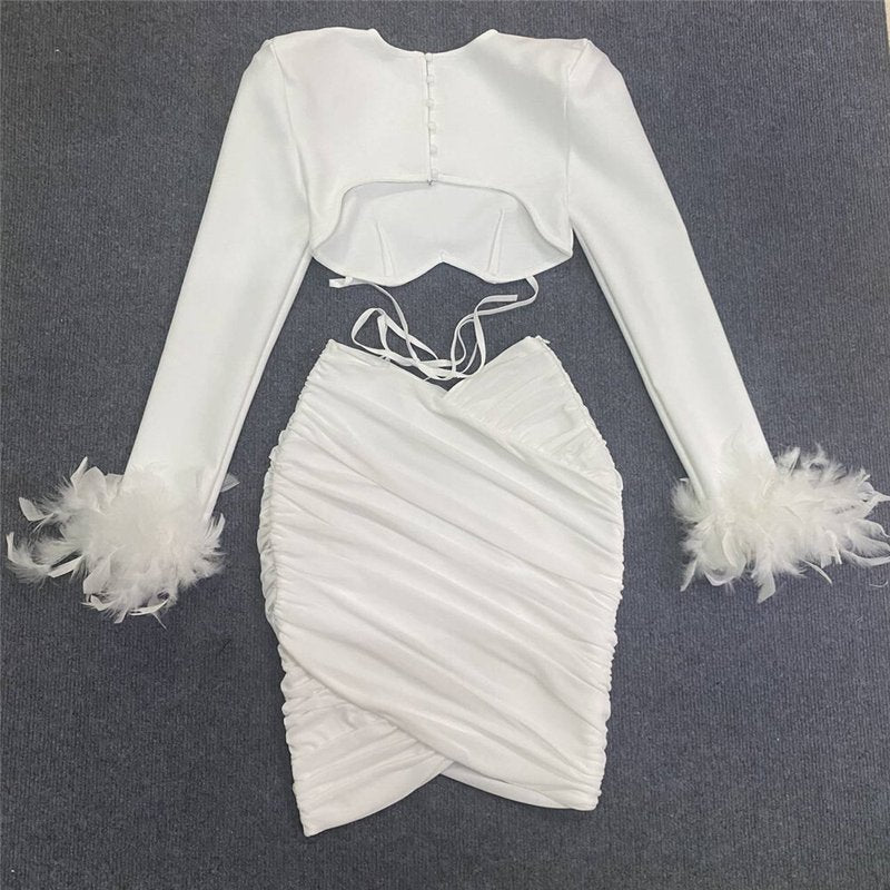 White Feather Sleeve Cutout Crop Top & Skirt Set H5813