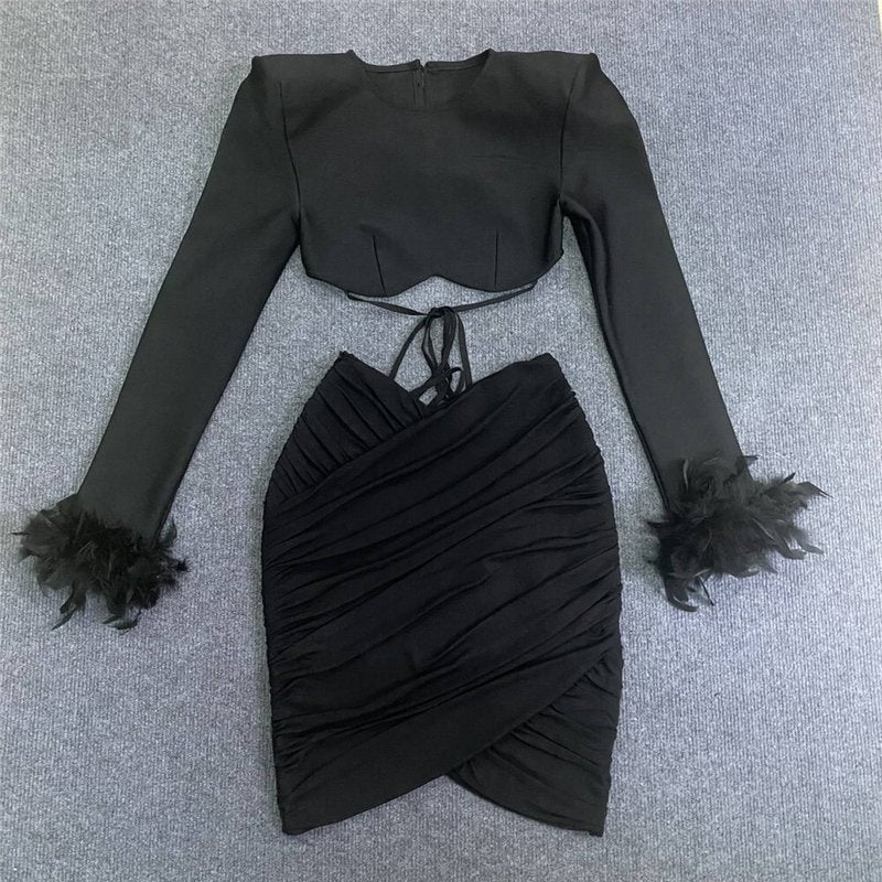 White Feather Sleeve Cutout Crop Top & Skirt Set H5813
