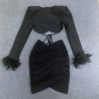 White Feather Sleeve Cutout Crop Top & Skirt Set H5813
