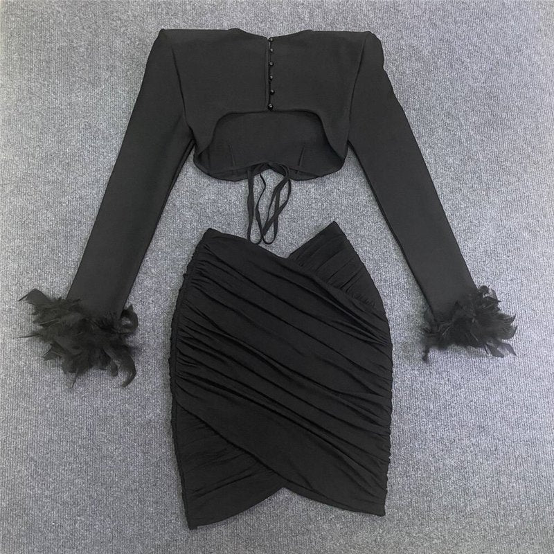 White Feather Sleeve Cutout Crop Top & Skirt Set H5813