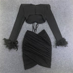 White Feather Sleeve Cutout Crop Top & Skirt Set H5813