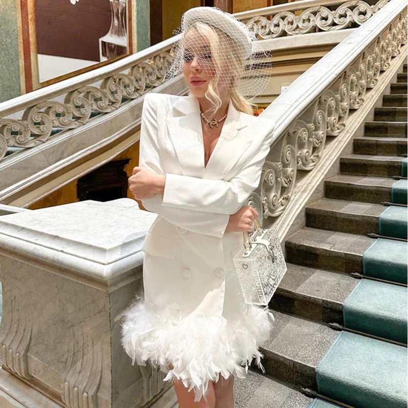 White Feather Trim Blazer Dress H5830