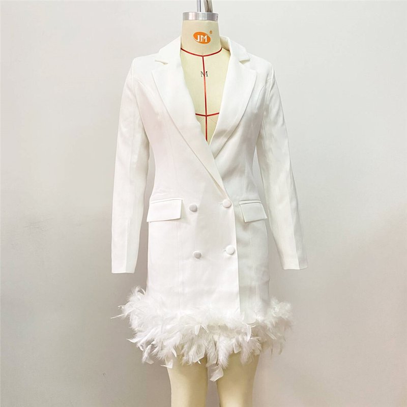 White Feather Trim Blazer Dress H5830