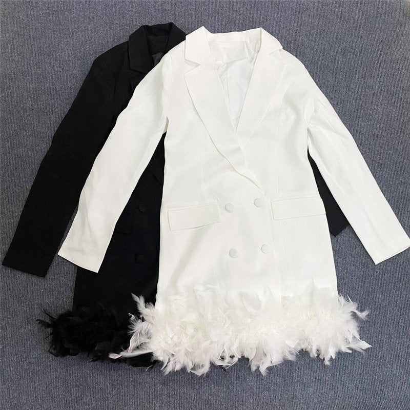 White Feather Trim Blazer Dress H5830