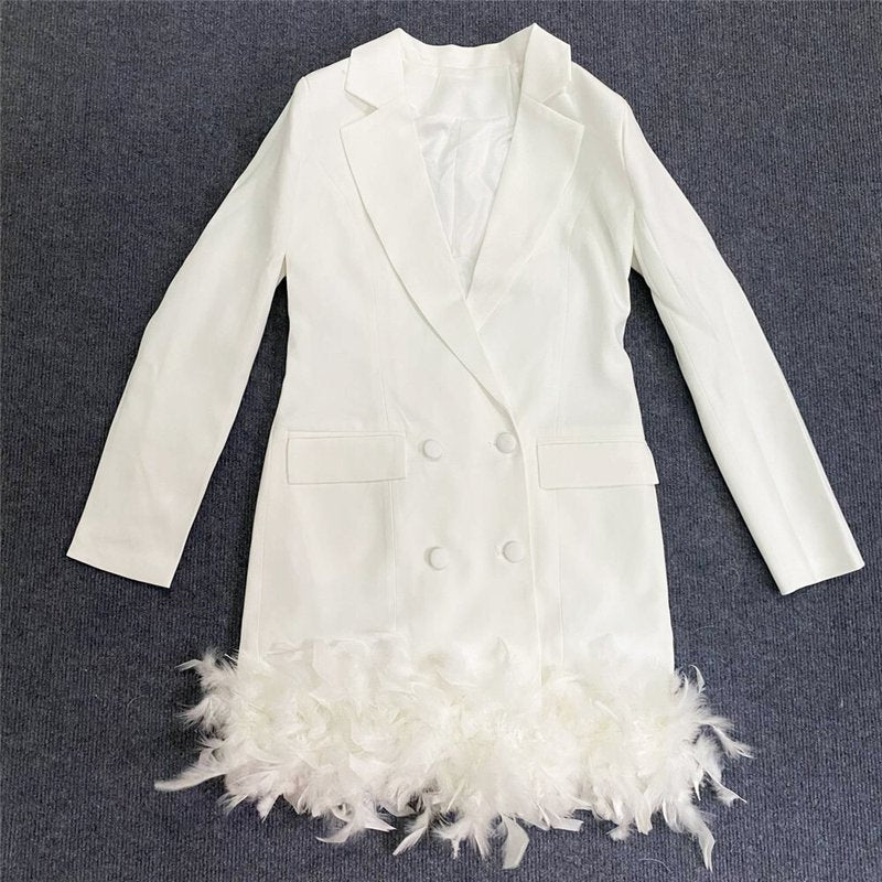 White Feather Trim Blazer Dress H5830