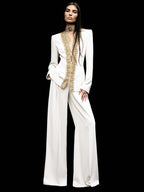White Gold Embellished Wide Leg Suit H7003