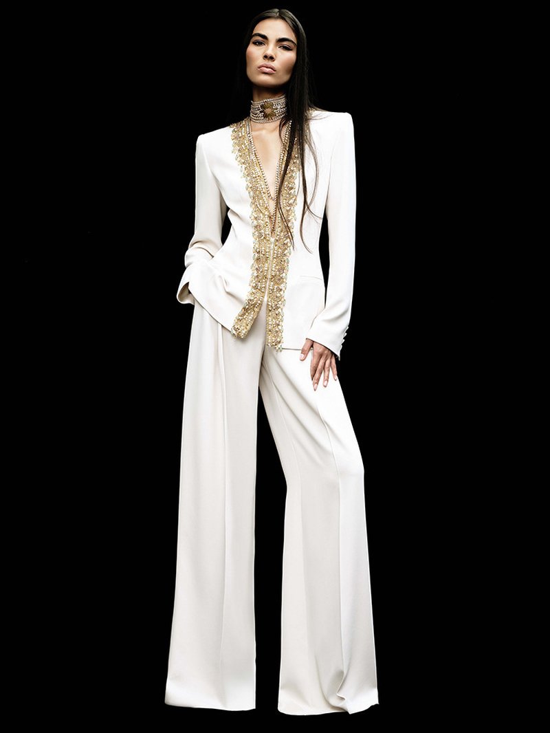 White Gold Embellished Wide Leg Suit H7003