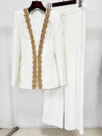 White Gold Embellished Wide Leg Suit H7003