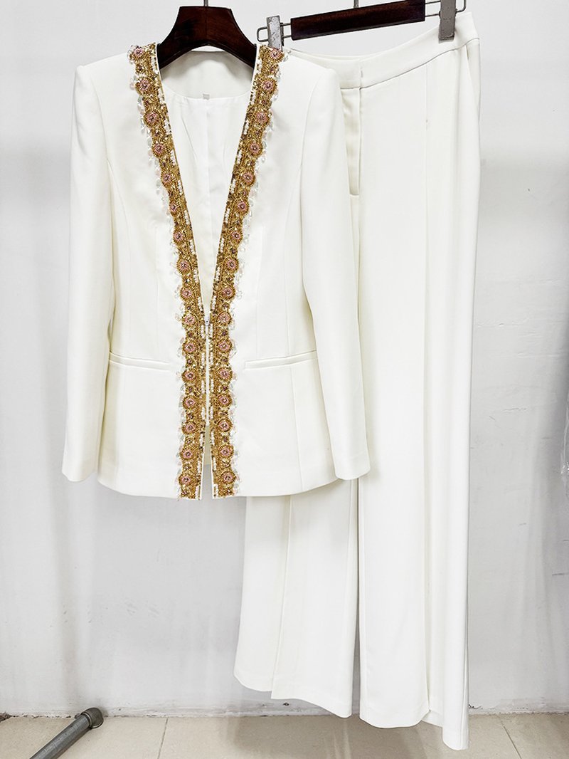White Gold Embellished Wide Leg Suit H7003