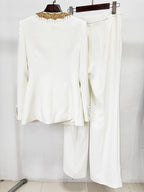 White Gold Embellished Wide Leg Suit H7003