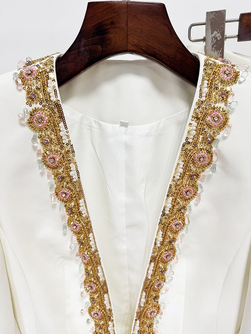 White Gold Embellished Wide Leg Suit H7003