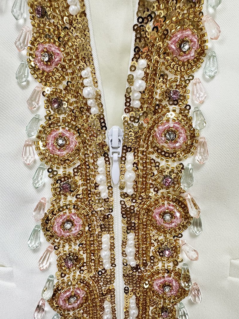White Gold Embellished Wide Leg Suit H7003