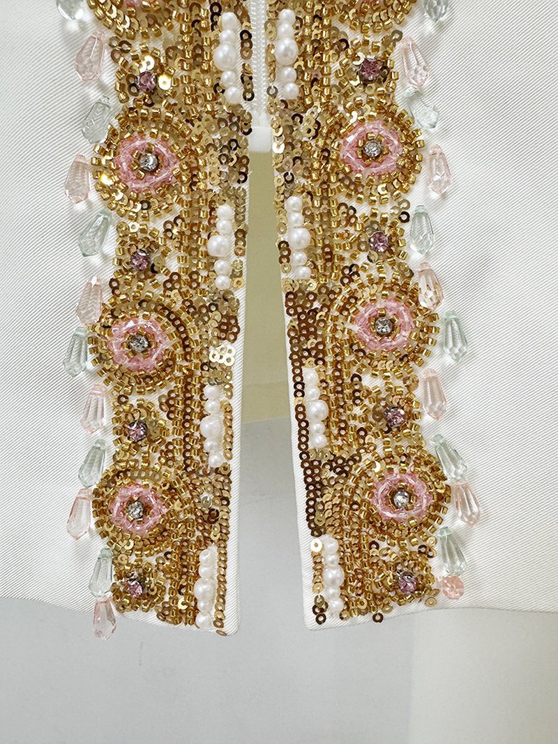 White Gold Embellished Wide Leg Suit H7003