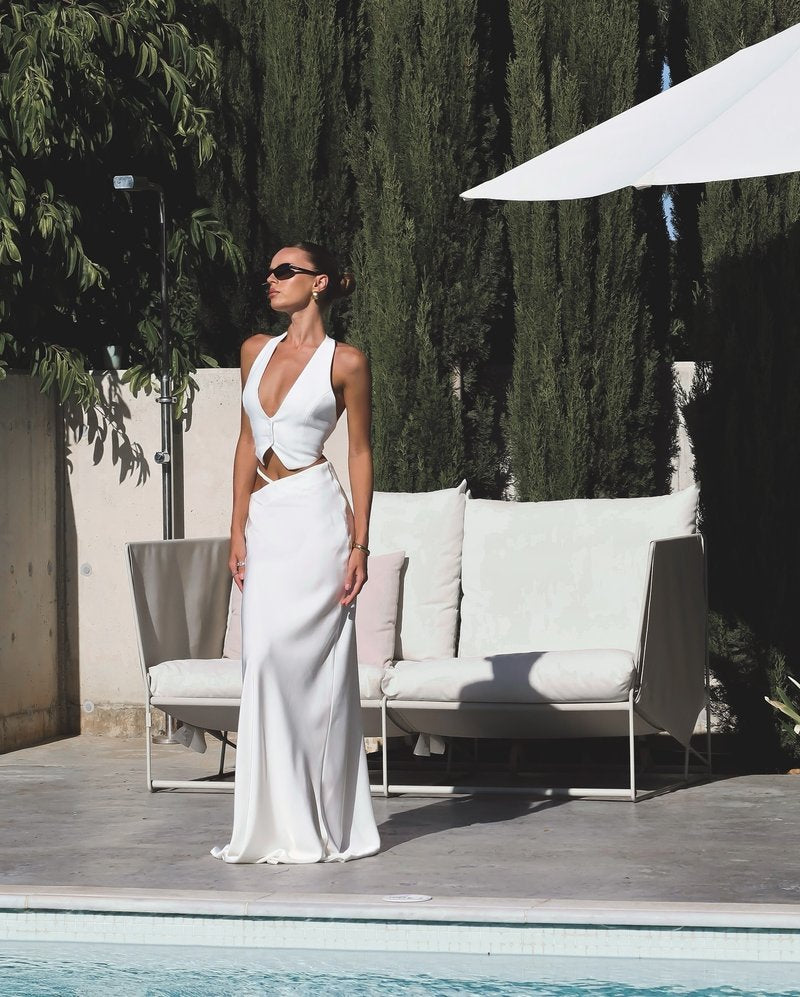 White Halter Cutout Maxi Dress H6508