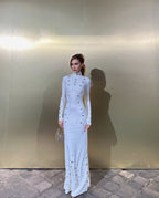 White Long Sleeve Buttoned Gown H7015