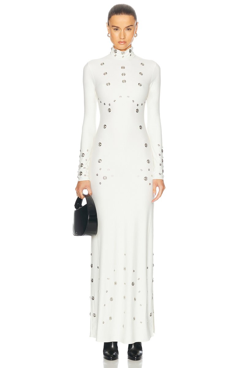 White Long Sleeve Buttoned Gown H7015