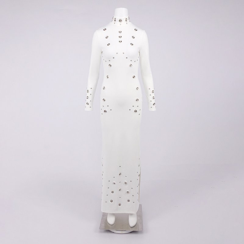 White Long Sleeve Buttoned Gown H7015
