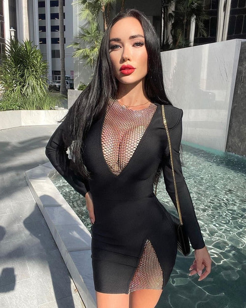 White Mesh Panel Long Sleeve Bodycon Dress H3378