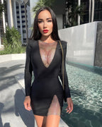 White Mesh Panel Long Sleeve Bodycon Dress H3378