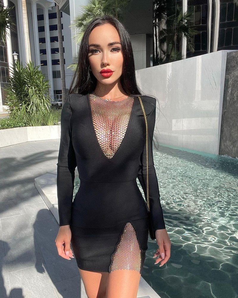White Mesh Panel Long Sleeve Bodycon Dress H3378