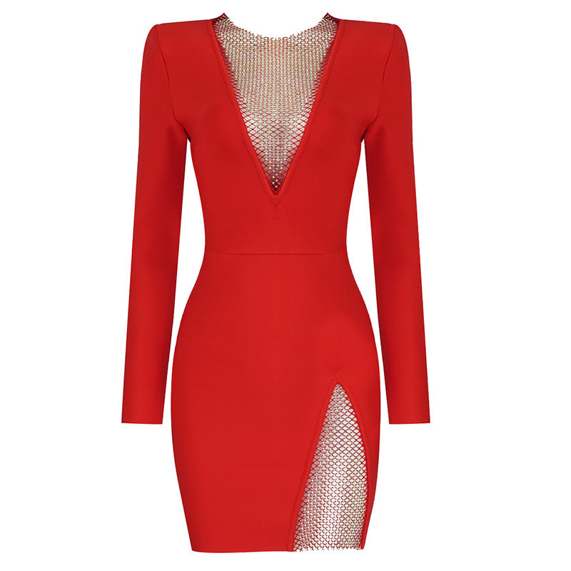 White Mesh Panel Long Sleeve Bodycon Dress H3378