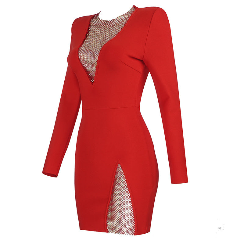 White Mesh Panel Long Sleeve Bodycon Dress H3378