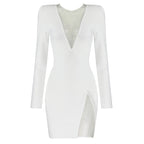 White Mesh Panel Long Sleeve Bodycon Dress H3378