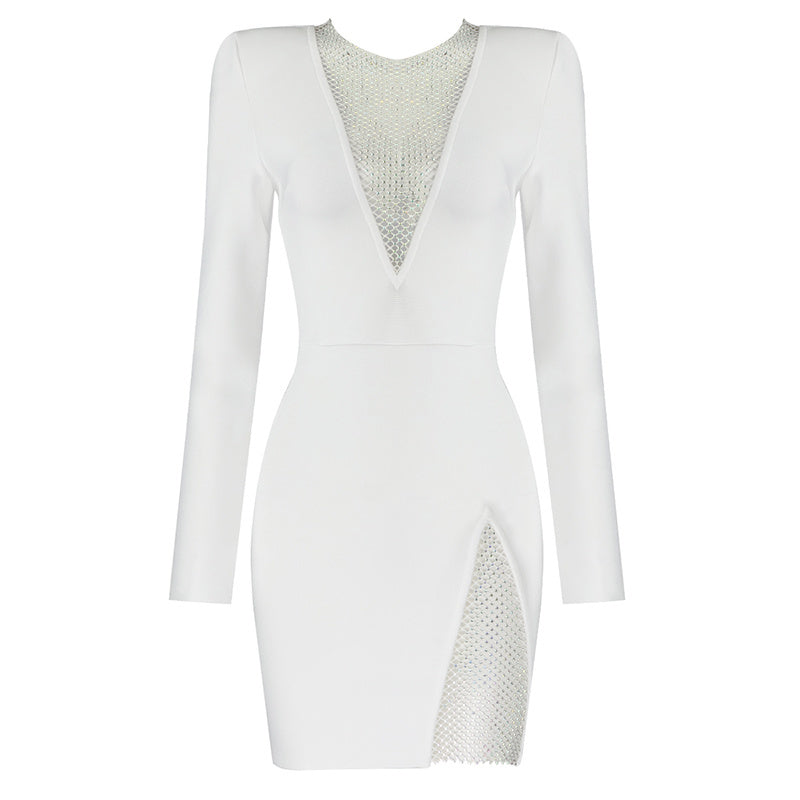 White Mesh Panel Long Sleeve Bodycon Dress H3378