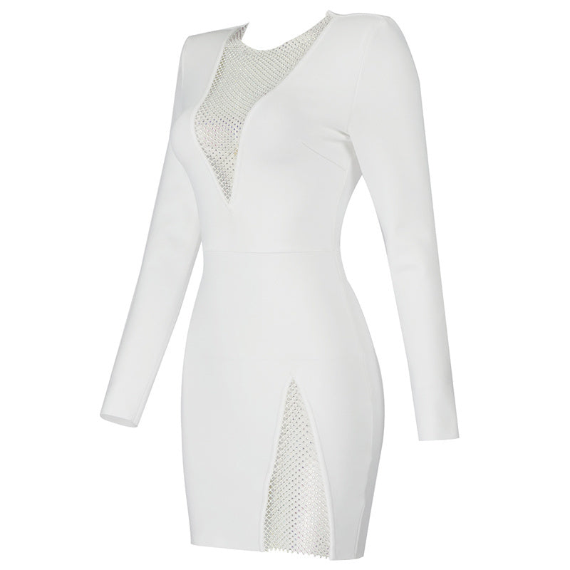 White Mesh Panel Long Sleeve Bodycon Dress H3378