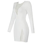 White Mesh Panel Long Sleeve Bodycon Dress H3378