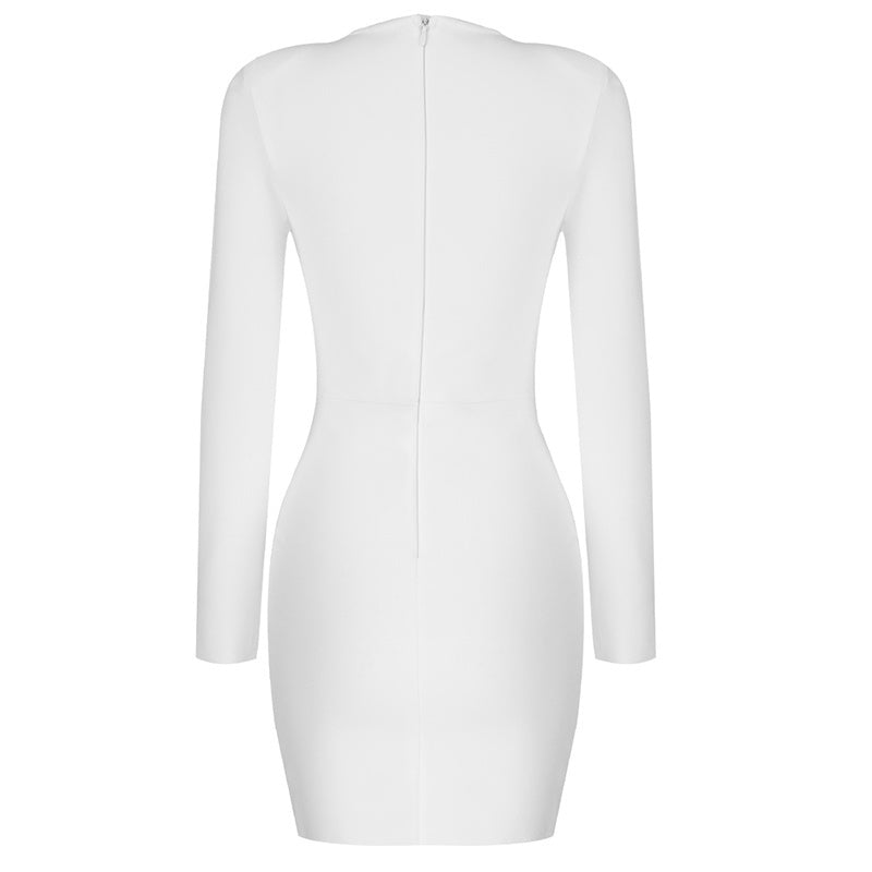 White Mesh Panel Long Sleeve Bodycon Dress H3378