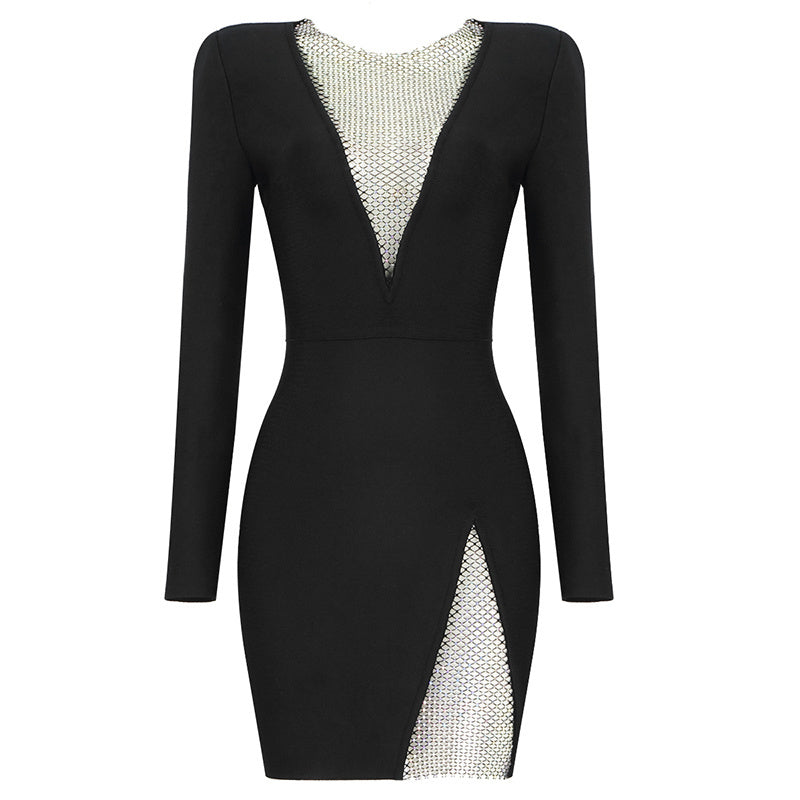 White Mesh Panel Long Sleeve Bodycon Dress H3378
