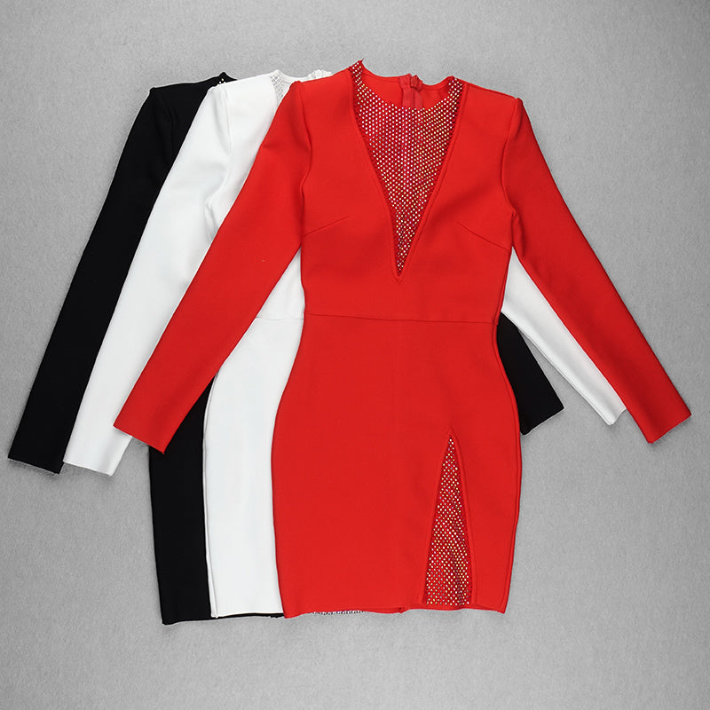 White Mesh Panel Long Sleeve Bodycon Dress H3378