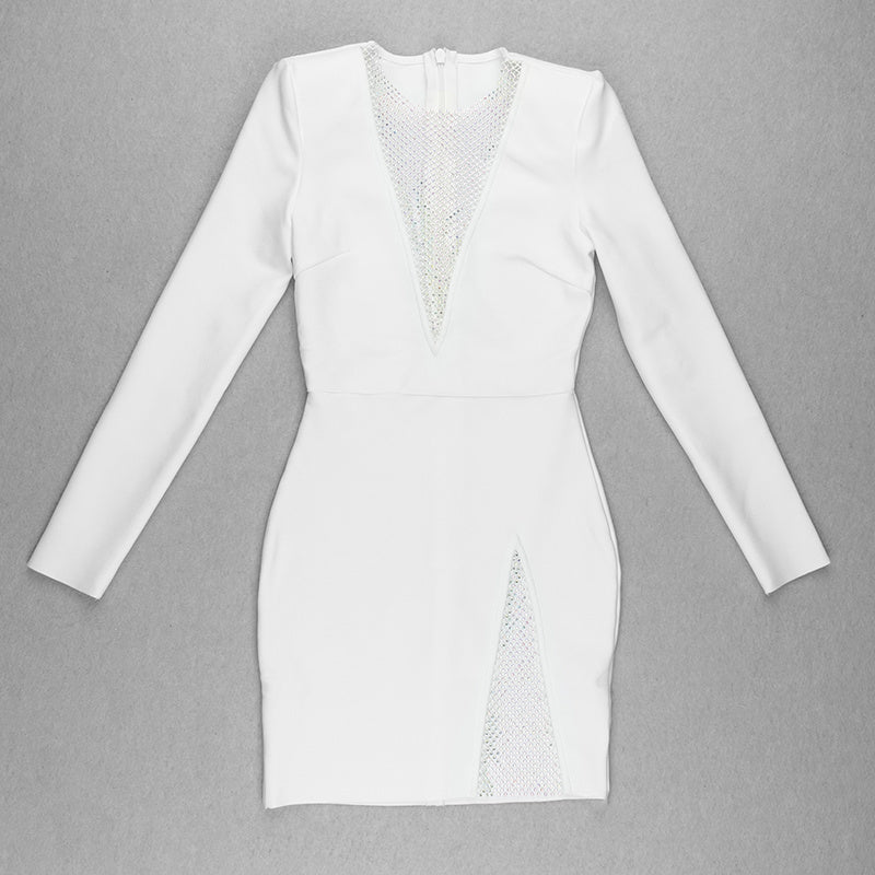 White Mesh Panel Long Sleeve Bodycon Dress H3378
