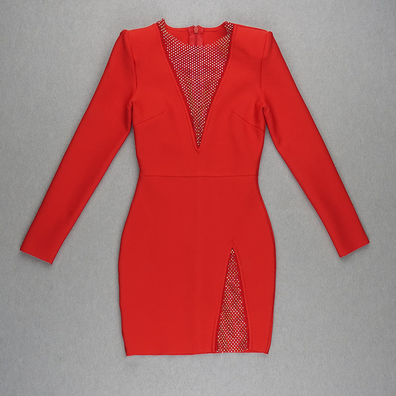 White Mesh Panel Long Sleeve Bodycon Dress H3378