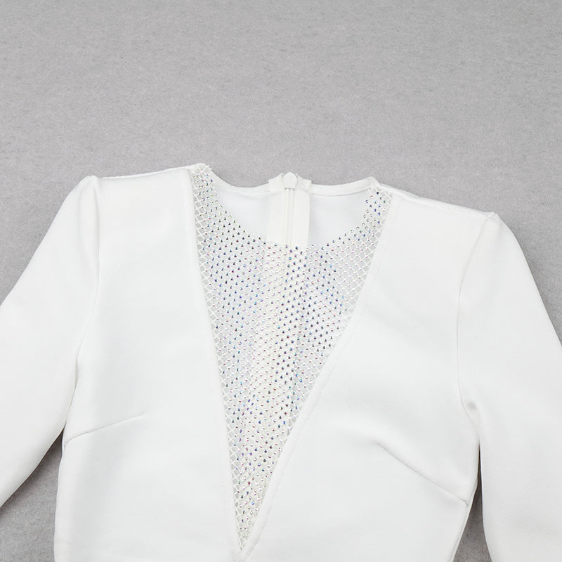 White Mesh Panel Long Sleeve Bodycon Dress H3378