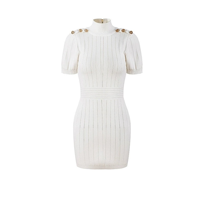 White Ribbed Knit Mini Dress with Shoulder Buttons H6299