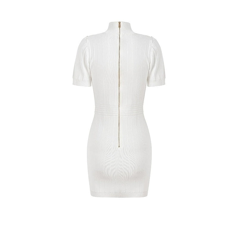 White Ribbed Knit Mini Dress with Shoulder Buttons H6299