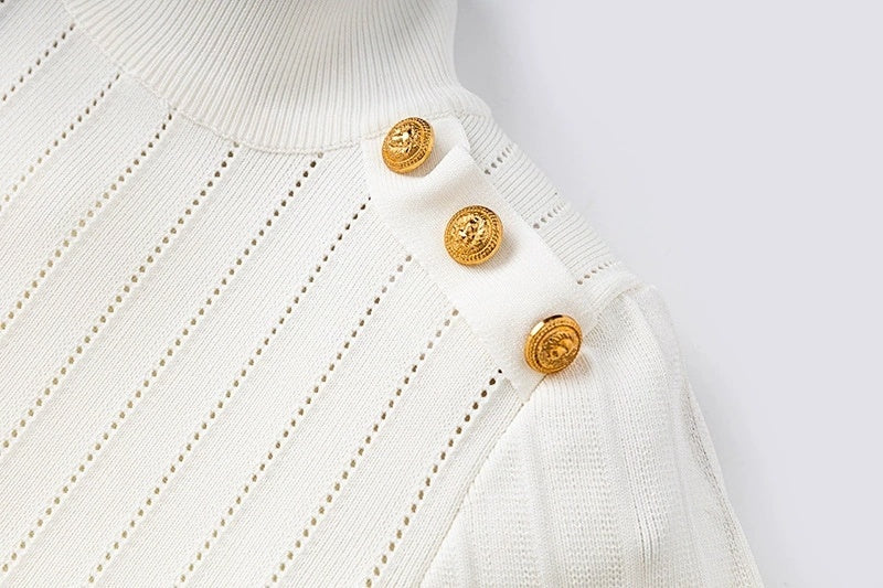 White Ribbed Knit Mini Dress with Shoulder Buttons H6299