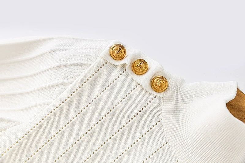 White Ribbed Knit Mini Dress with Shoulder Buttons H6299