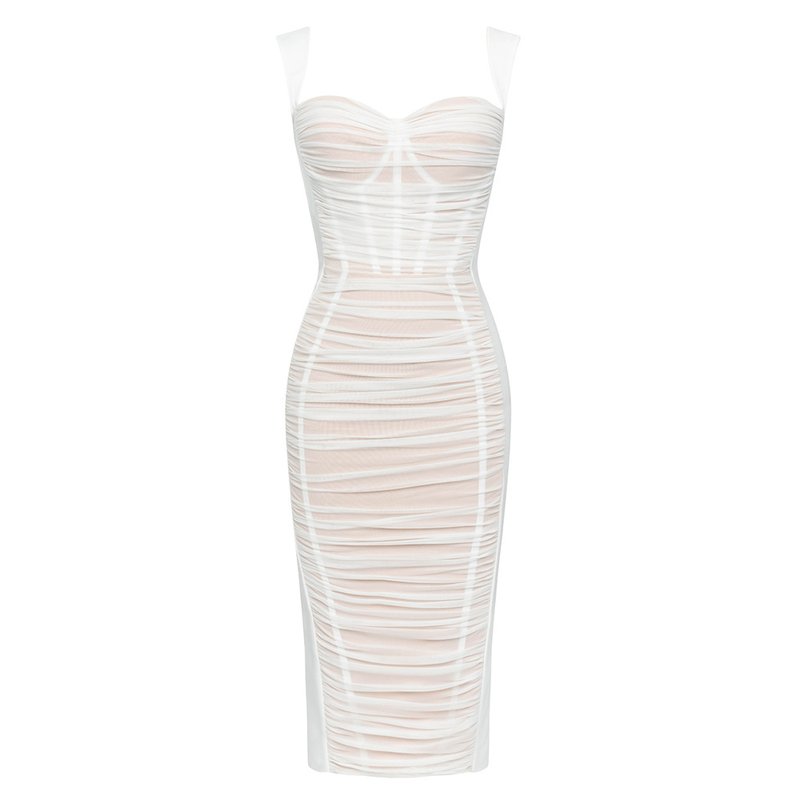 White Ruched Sheer Midi Dress H5795