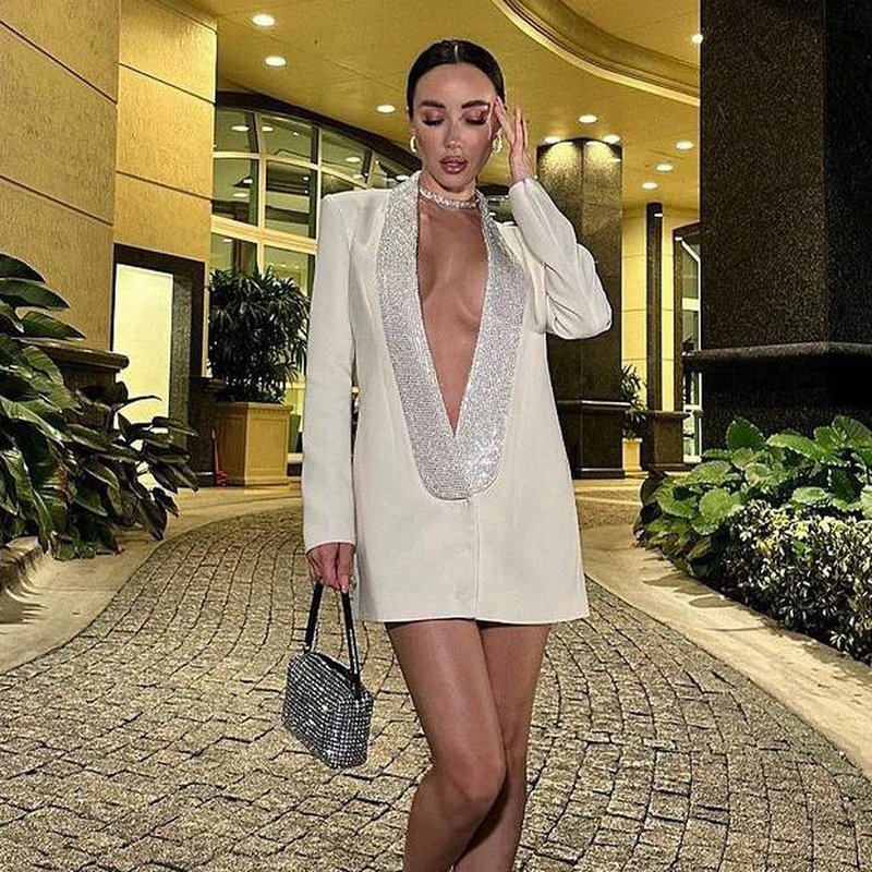 White Sequin Lapel Blazer Dress H5920