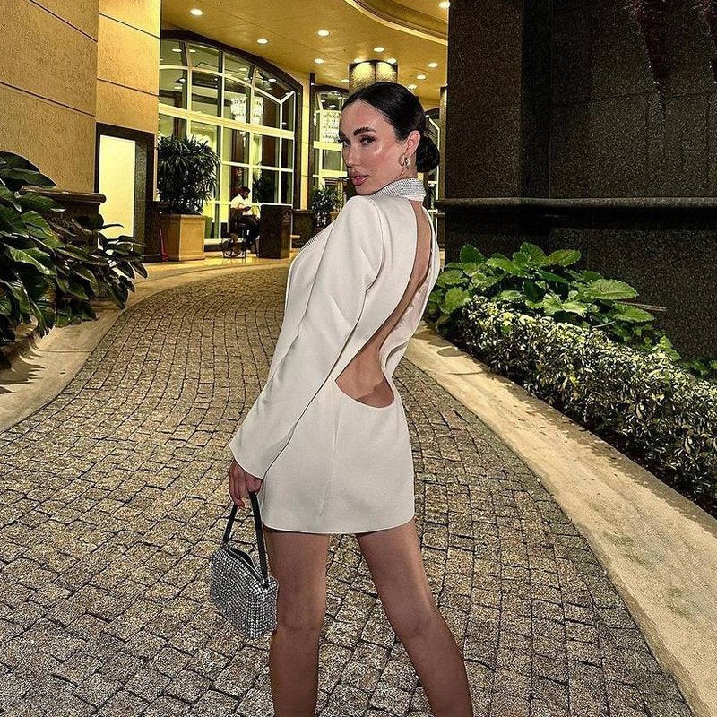 White Sequin Lapel Blazer Dress H5920