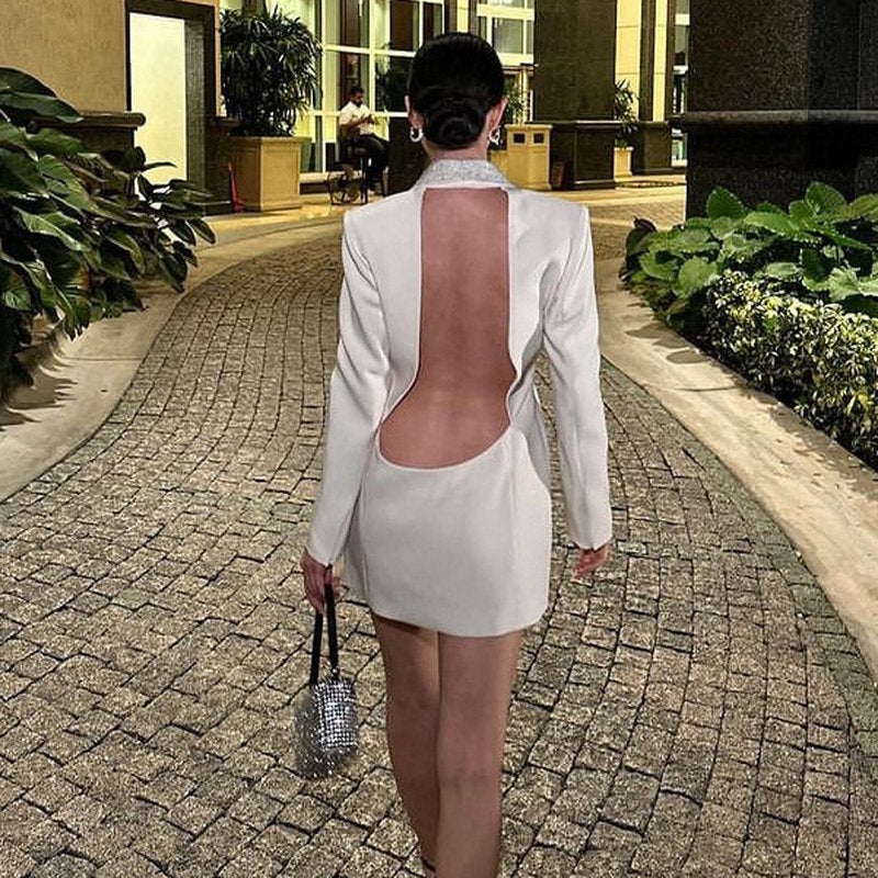White Sequin Lapel Blazer Dress H5920