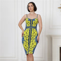 Yellow Blue Print Bandage Midi Dress H5911